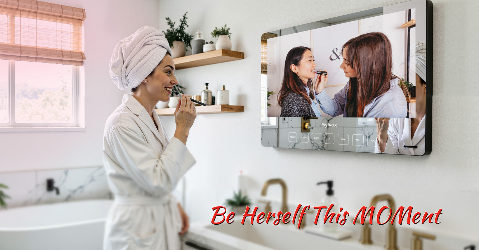 Mom smiling while applying lipstick in front of Sylvox Bathroom TV's anti-fog mirror screen displaying makeup tutorials