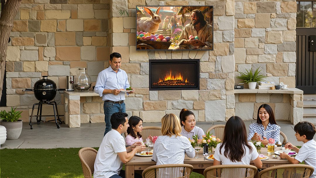 A family gathering around the Sylvox outdoor TV enjoying a meal together in the backyard, perfect for Easter festivities.