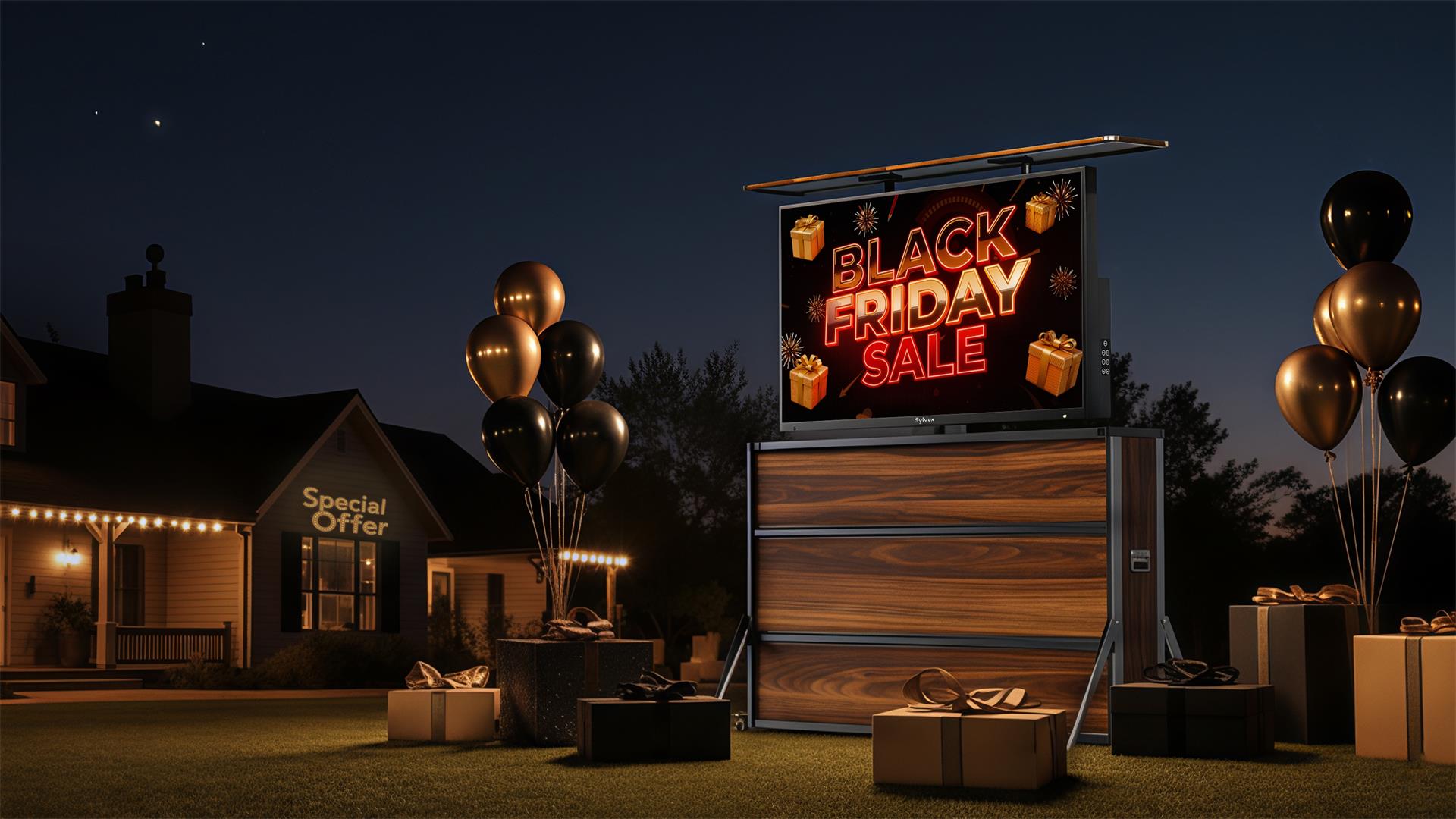 Sylvox outdoor TV displaying festive content in backyard at night surrounded by gift boxes during Black Friday sale event