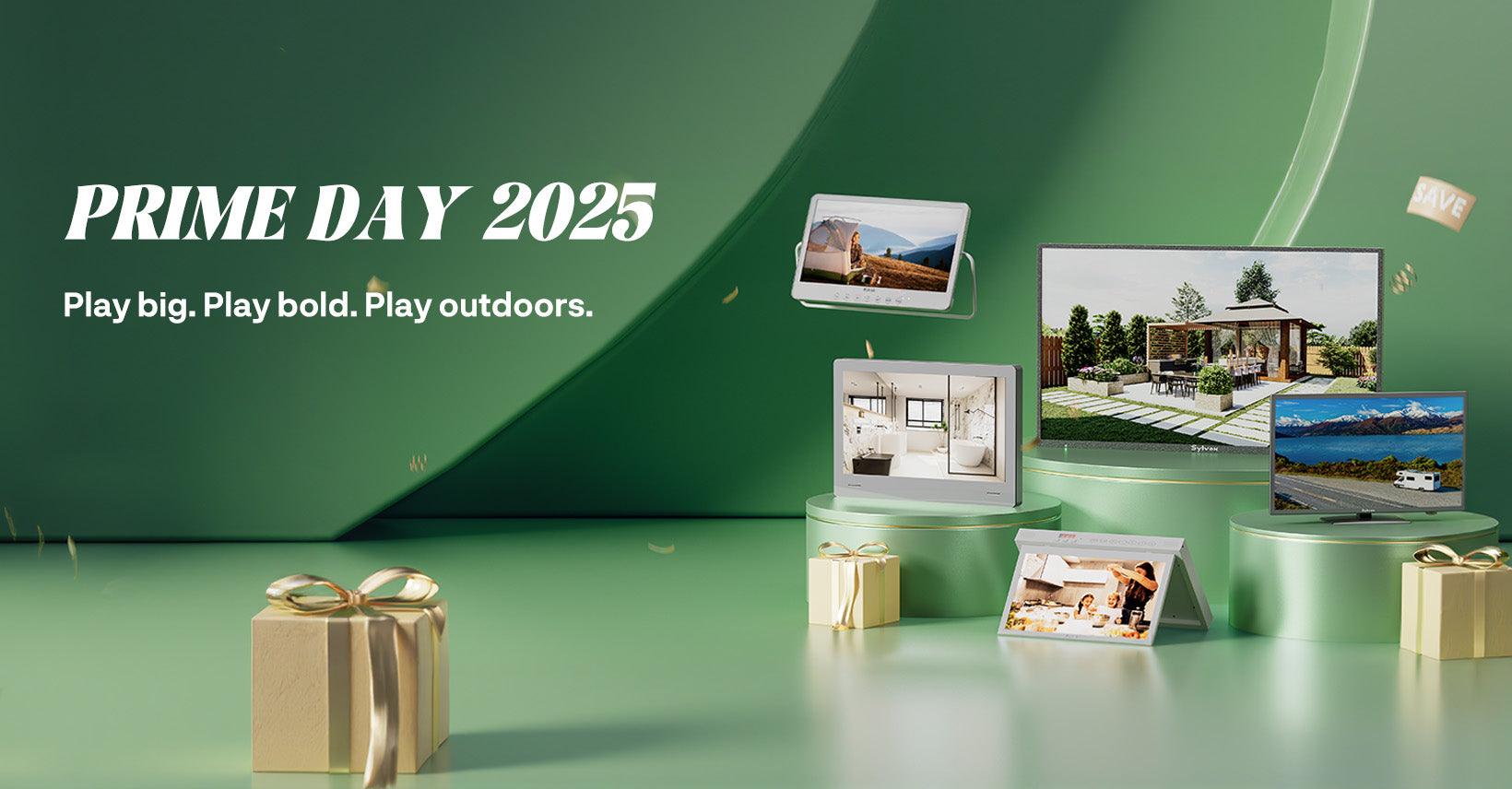 Amazon Prime Day promotion: Sylvox discounted outdoor, kitchen, bathroom, RV, and portable TVs displayed together