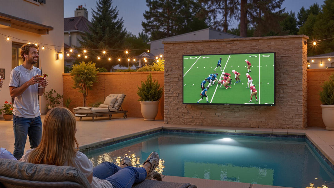 Friends watching NFL game on Sylvox outdoor TV while relaxing poolside, IP56 waterproof design unaffected by splashes