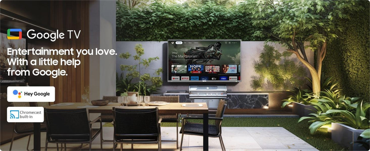 Full Sun outdoor TV entertainment setup