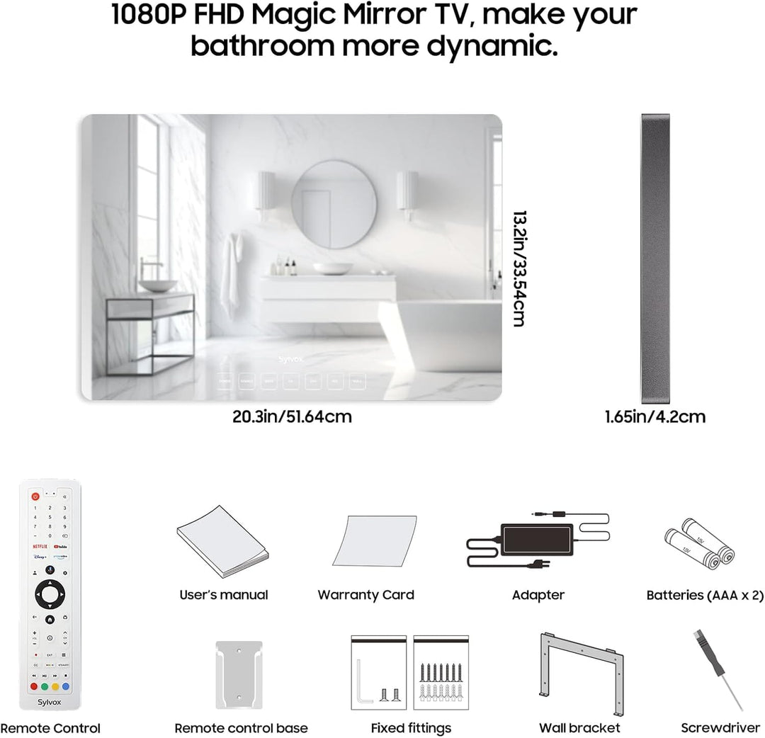 24" Waterproof Smart Magic TV for Bathroom-On Wall Mirror TV