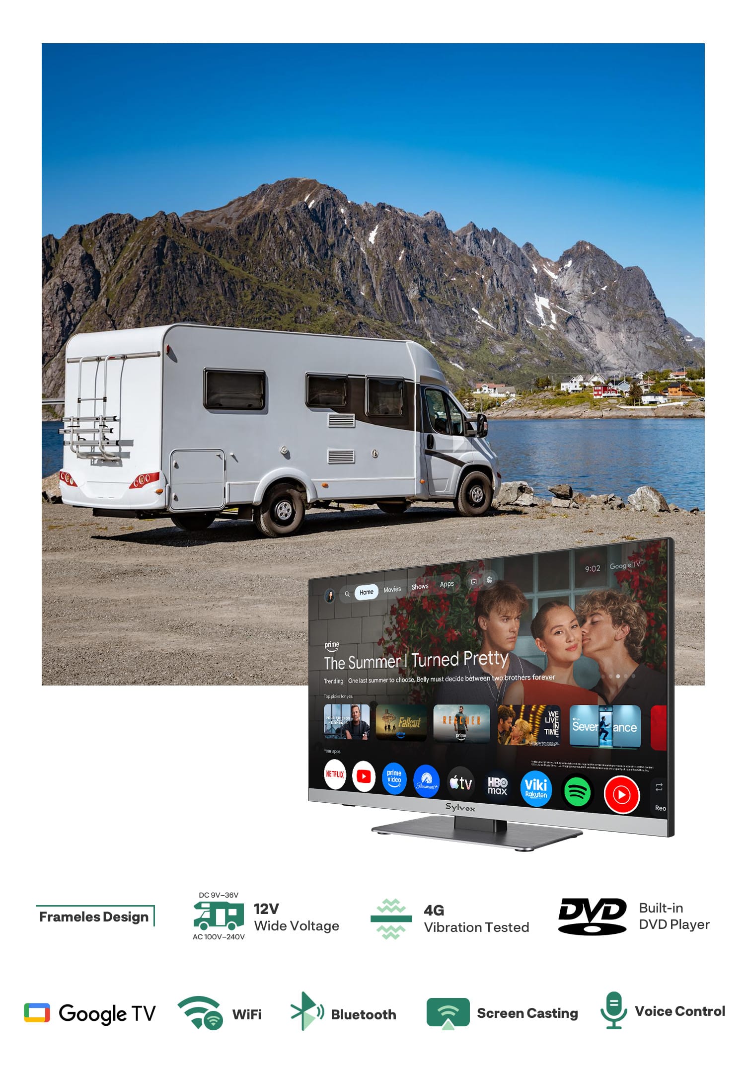 32″ Sylvox 12V RV TV | Waterproof Smart TV for Camper, RV & Marine