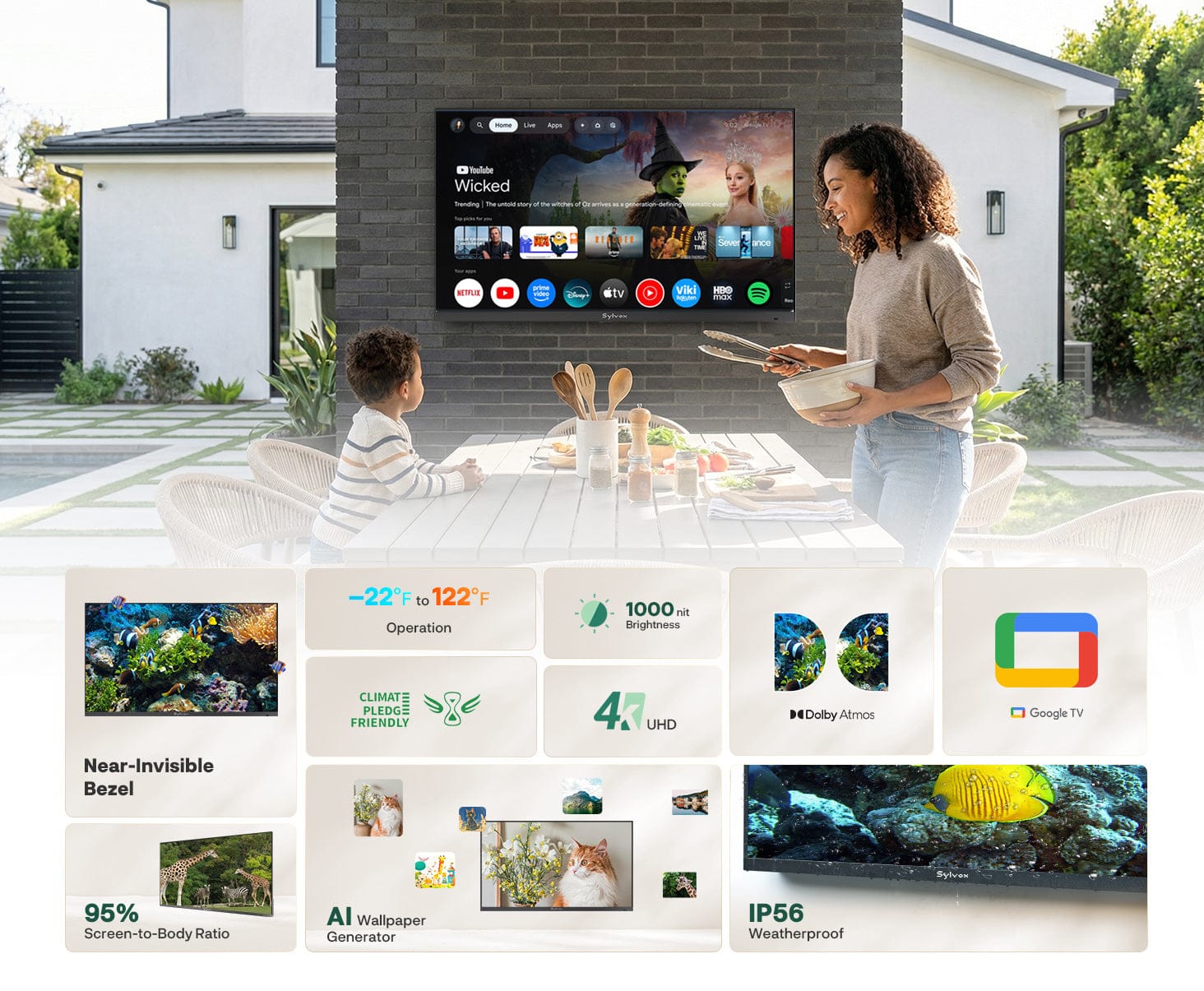 75″ 2026 Frameless Partial Sun Outdoor TV | Sylvox Smart Google TV