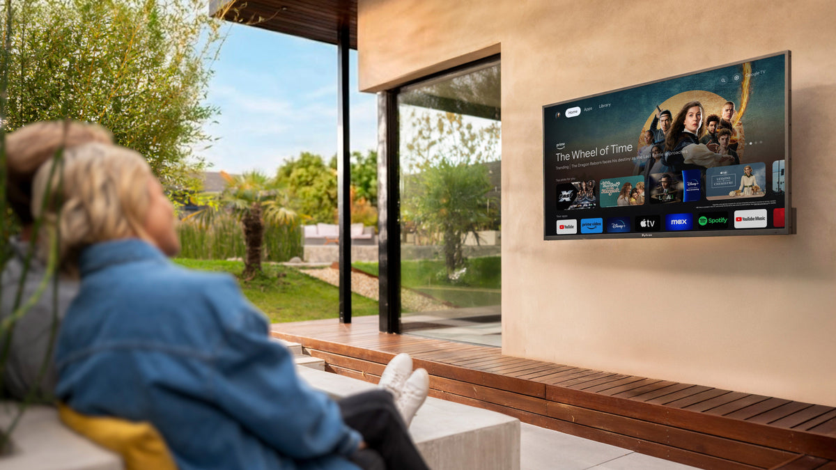 Google TV interface on the Sylvox Cinema Series outdoor TV